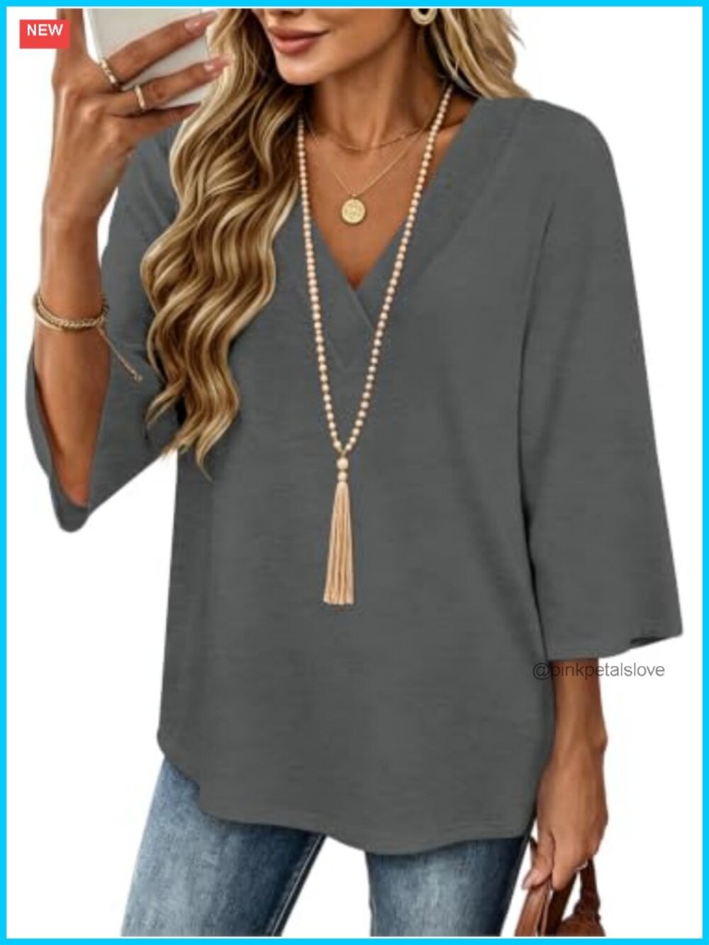 Women's Boho V-Neck 3/4 Sleeve Tunic Top Loose Fit Casual Blouse